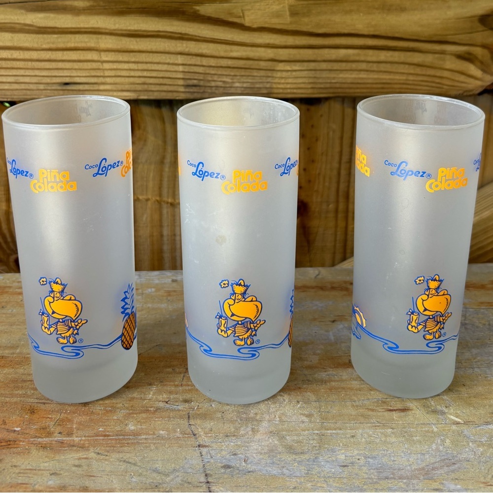 Set of 3 Vintage Coco Lopez Pina Colada Frosted Highball Cocktail Glasses 6”H